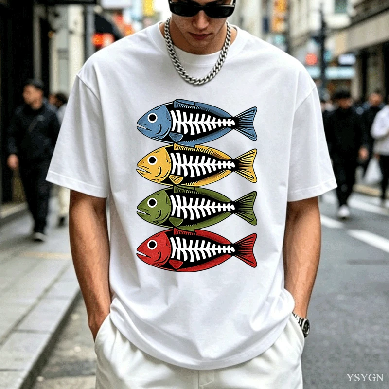 Street Fashion For Short Guys - 남성용 면 티셔츠, 레트로 스타일의 물고기