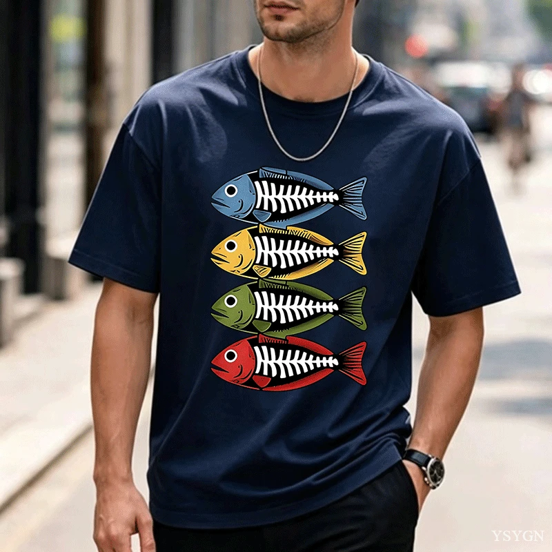 남성용 면 티셔츠, 레트로 스타일의 물고기 뼈 그래픽이 - Street Fashion For Short Guys 리뷰 및 가격